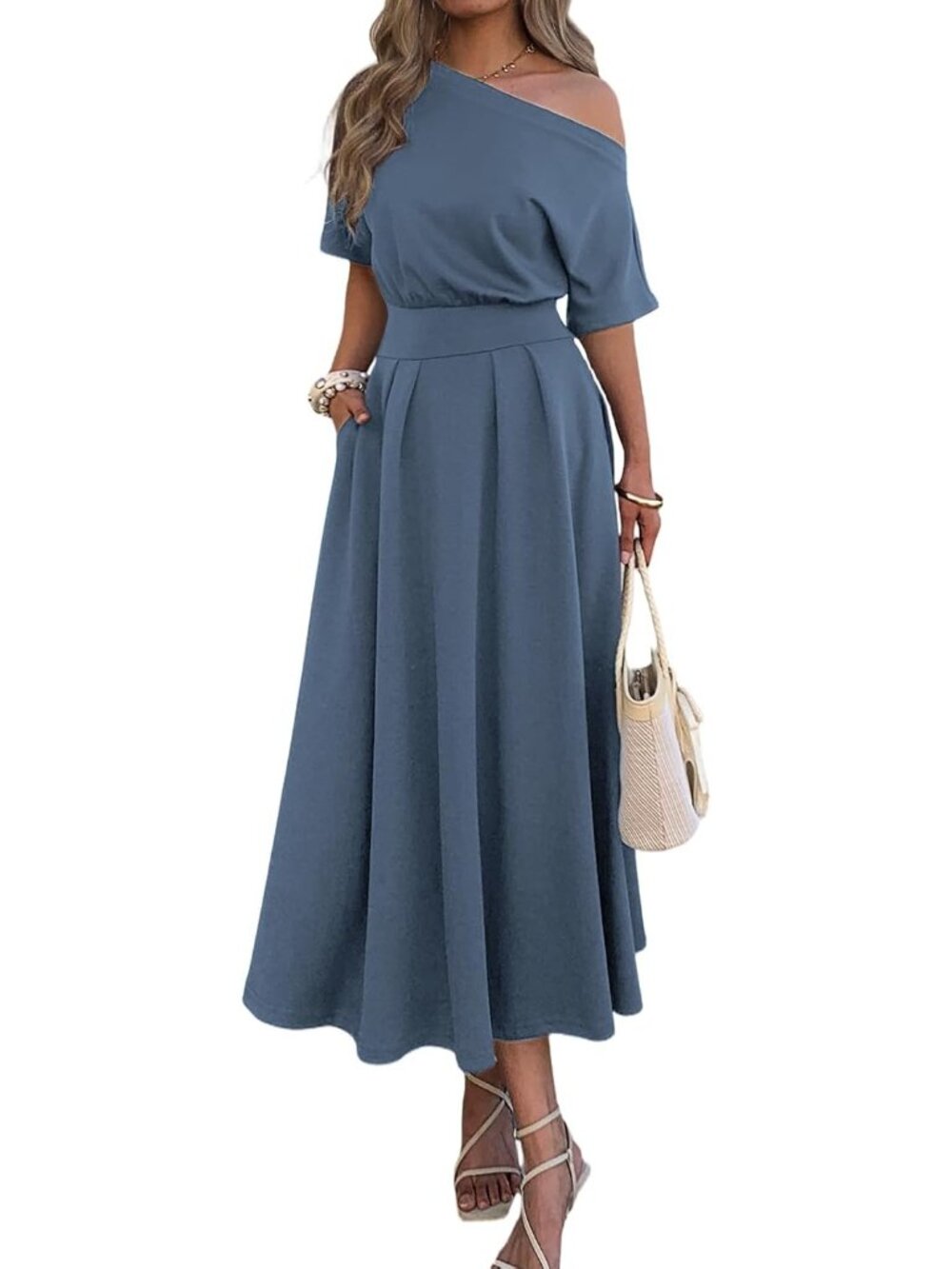 Women's Grey Blue Casual Empire Waist One Shoulder With Pockets Maxi Dresses